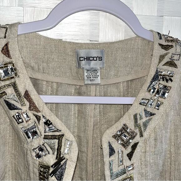 Chico’s Womens Tunic Linen Blend Blazer Jacket Size Medium Jewl Embroidered - Picture 9 of 16